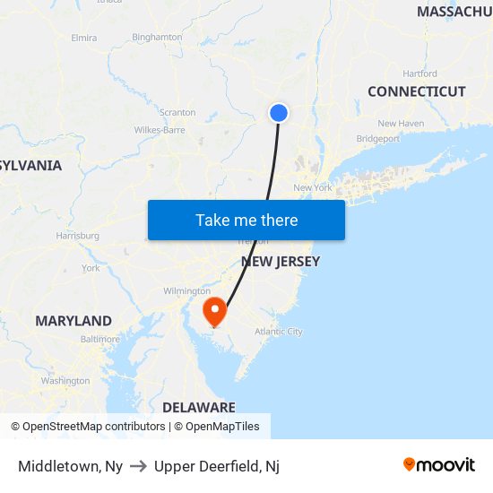 Middletown, Ny to Upper Deerfield, Nj map