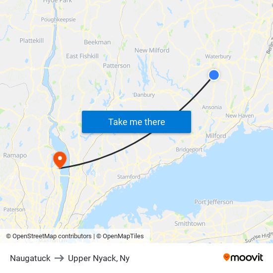 Naugatuck to Upper Nyack, Ny map