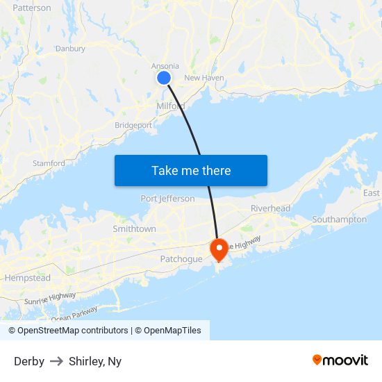 Derby to Shirley, Ny map