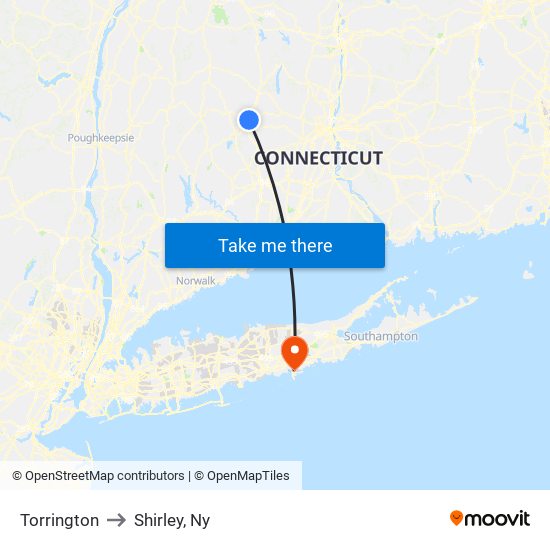 Torrington to Shirley, Ny map