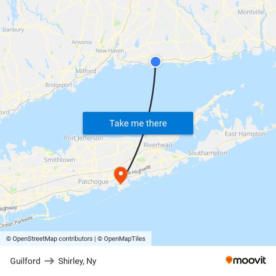 Guilford to Shirley, Ny map