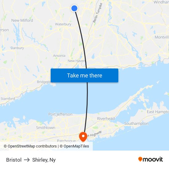 Bristol to Shirley, Ny map