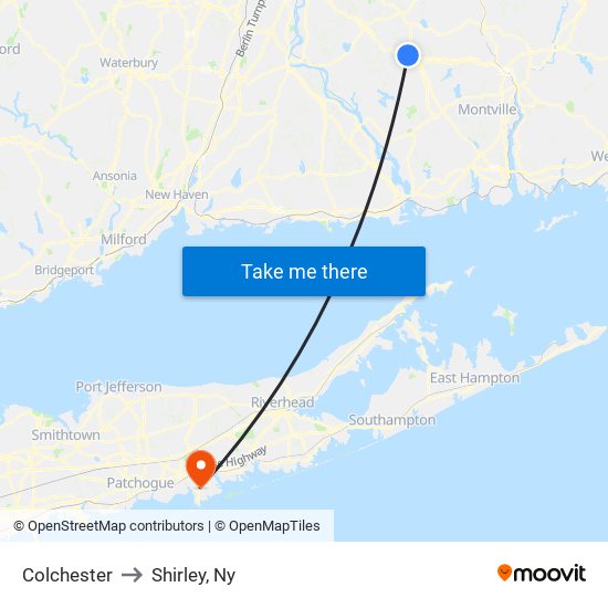 Colchester to Shirley, Ny map