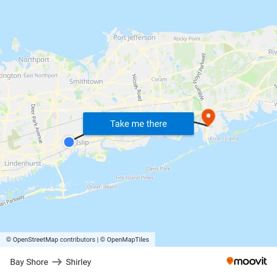 Bay Shore to Shirley map
