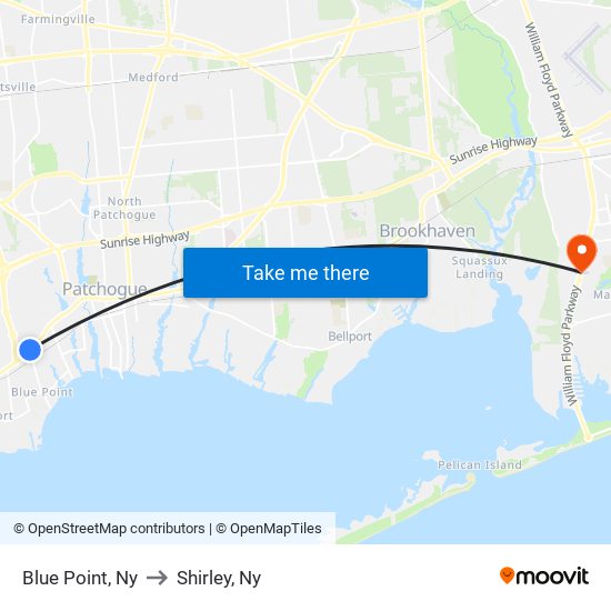 Blue Point, Ny to Shirley, Ny map