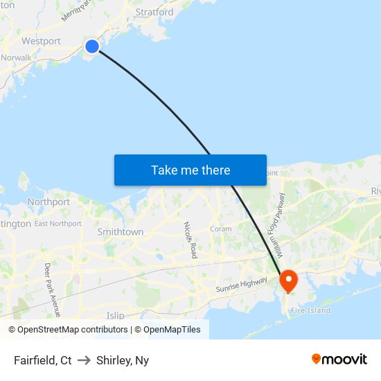 Fairfield, Ct to Shirley, Ny map