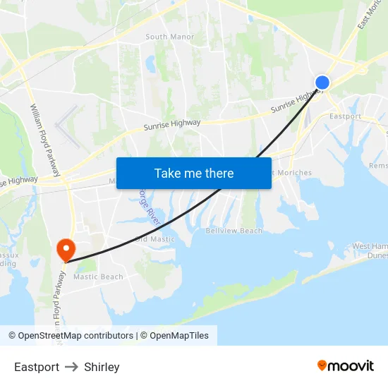 Eastport to Shirley map