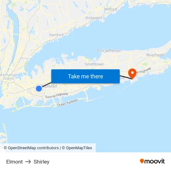 Elmont to Shirley map