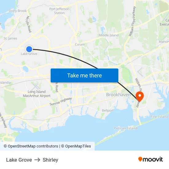 Lake Grove to Shirley map