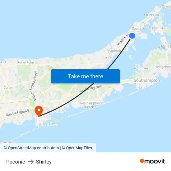 Peconic to Shirley map