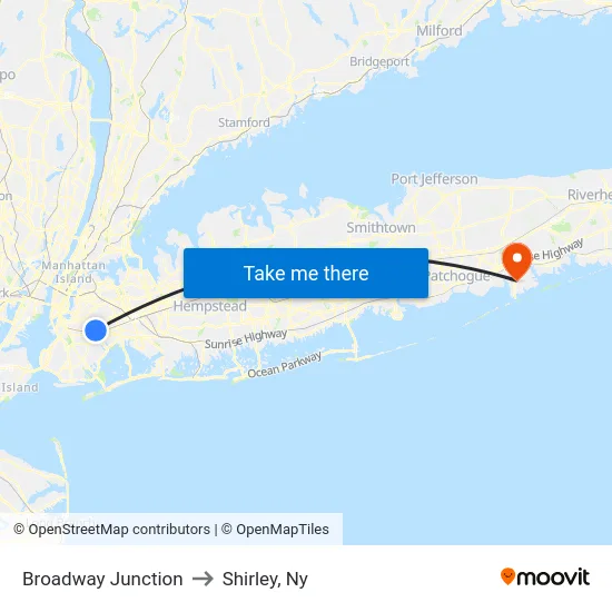 Broadway Junction to Shirley, Ny map