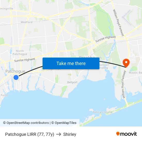 Patchogue LIRR (77, 77y) to Shirley map