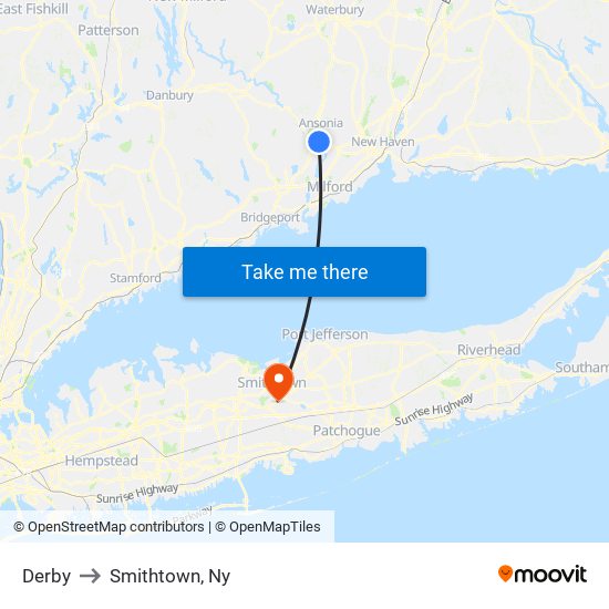 Derby to Smithtown, Ny map