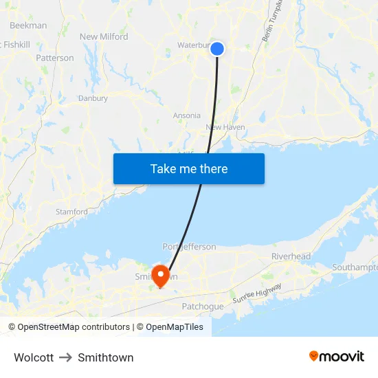 Wolcott to Smithtown map