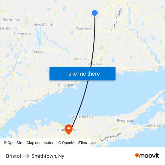 Bristol to Smithtown, Ny map