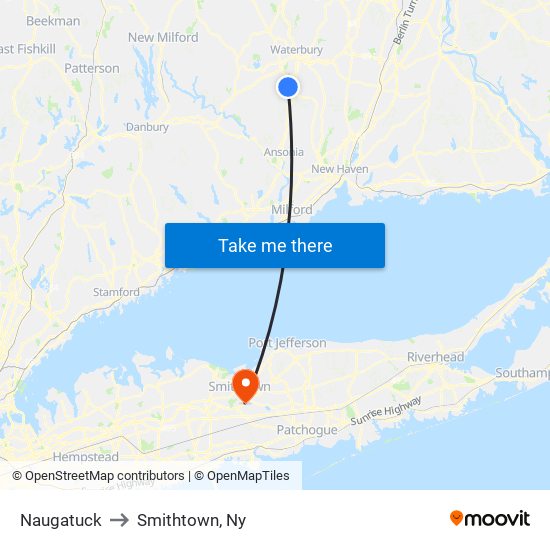 Naugatuck to Smithtown, Ny map