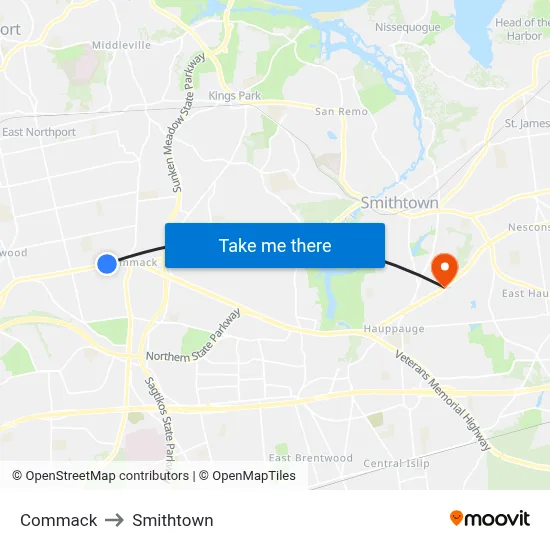 Commack to Smithtown map