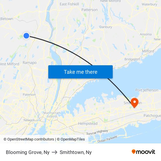 Blooming Grove, Ny to Smithtown, Ny map