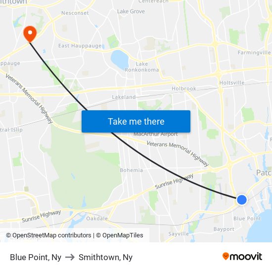 Blue Point, Ny to Smithtown, Ny map