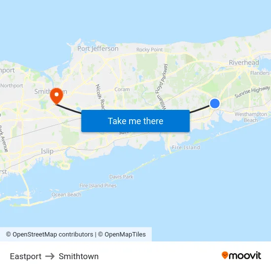 Eastport to Smithtown map