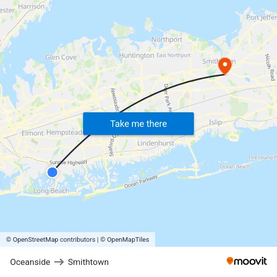 Oceanside to Smithtown map