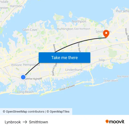 Lynbrook to Smithtown map