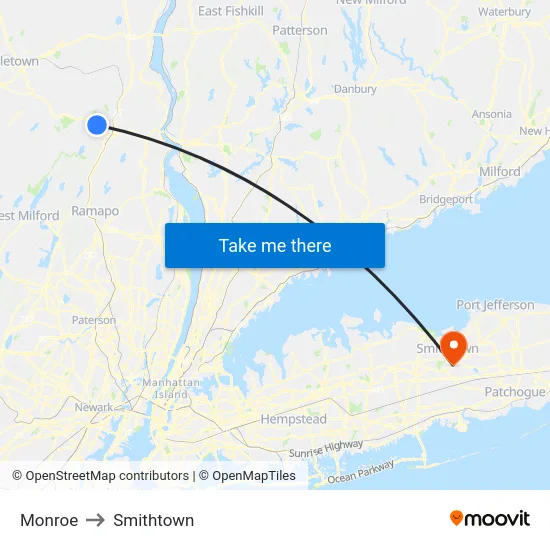 Monroe to Smithtown map