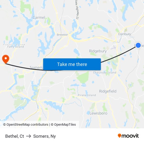 Bethel, Ct to Somers, Ny map