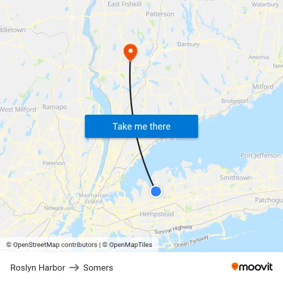 Roslyn Harbor to Somers map