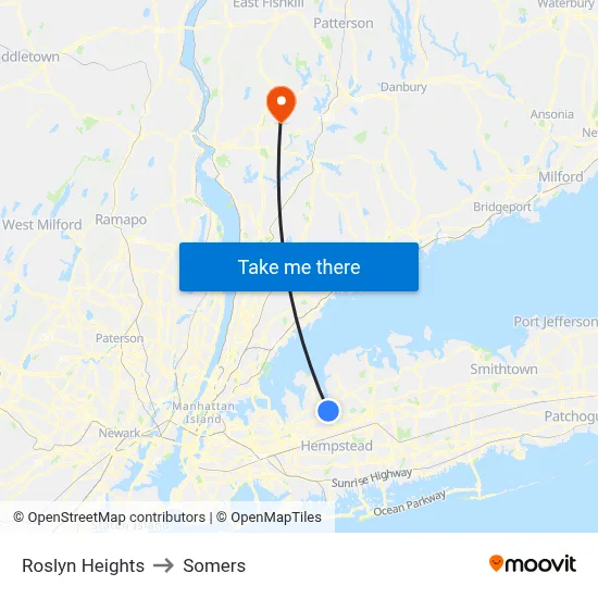 Roslyn Heights to Somers map