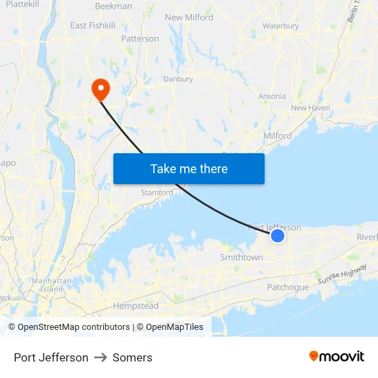Port Jefferson to Somers map