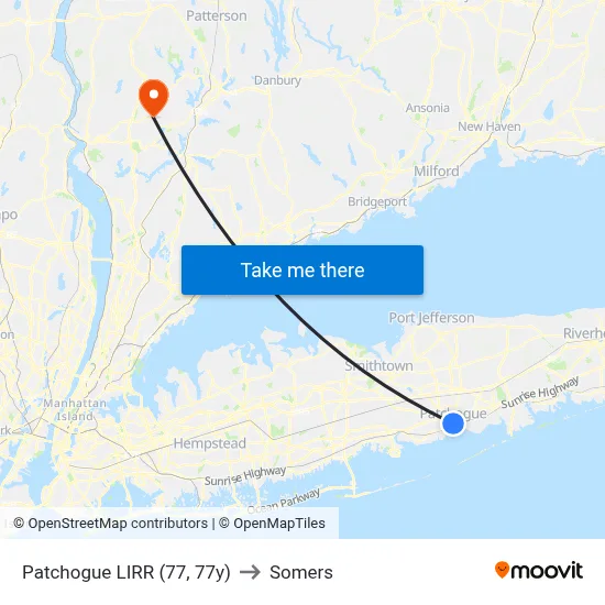 Patchogue LIRR (77, 77y) to Somers map