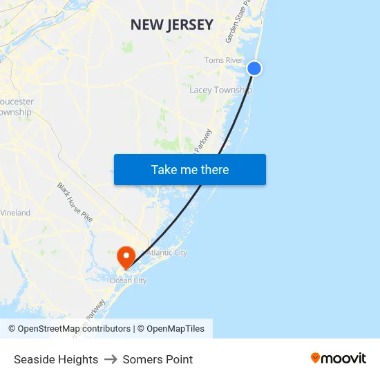 Seaside Heights to Somers Point map