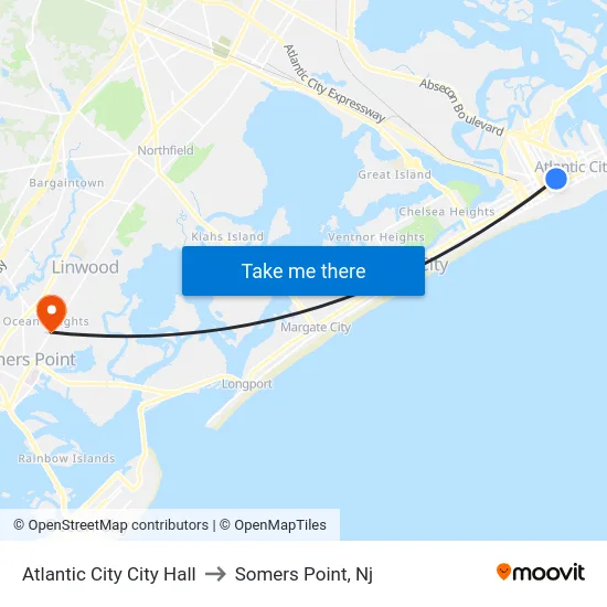 Atlantic City City Hall to Somers Point, Nj map