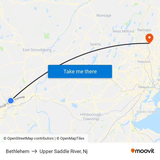 Bethlehem to Upper Saddle River, Nj map