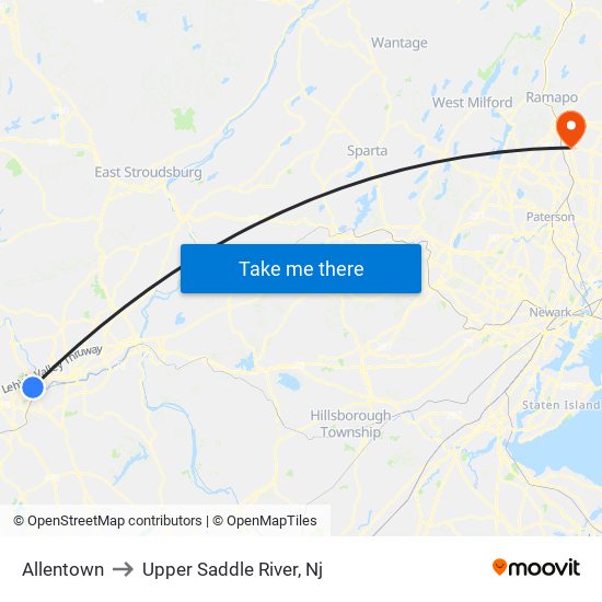 Allentown to Upper Saddle River, Nj map