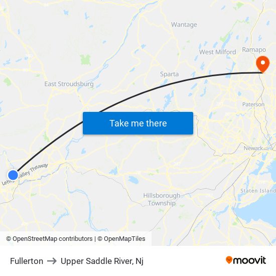 Fullerton to Upper Saddle River, Nj map