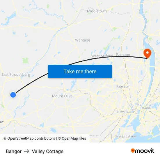 Bangor to Valley Cottage map