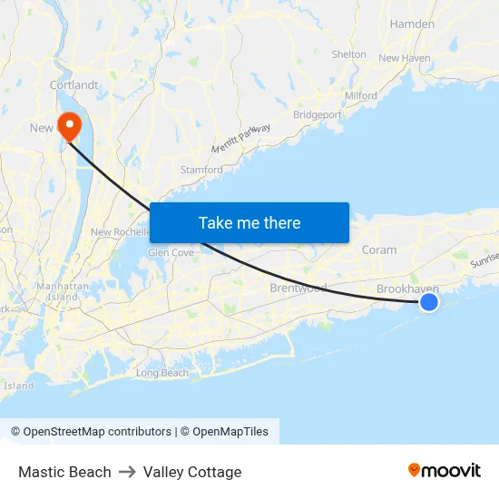 Mastic Beach to Valley Cottage map