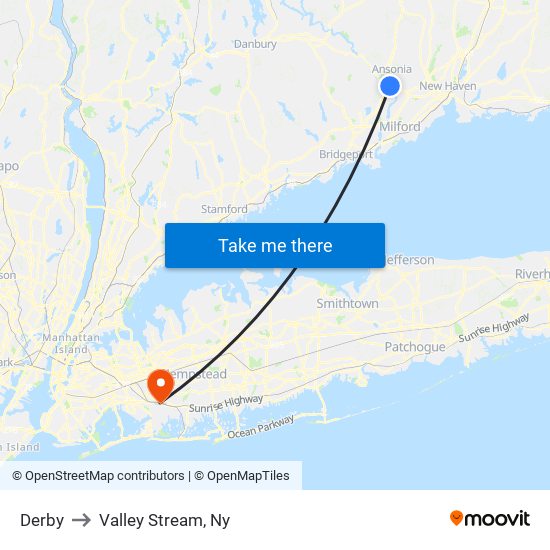 Derby to Valley Stream, Ny map
