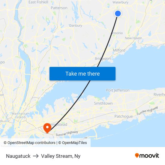 Naugatuck to Valley Stream, Ny map