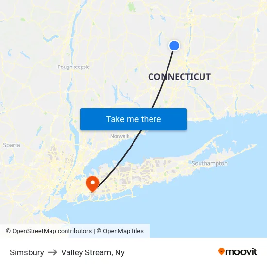 Simsbury to Valley Stream, Ny map