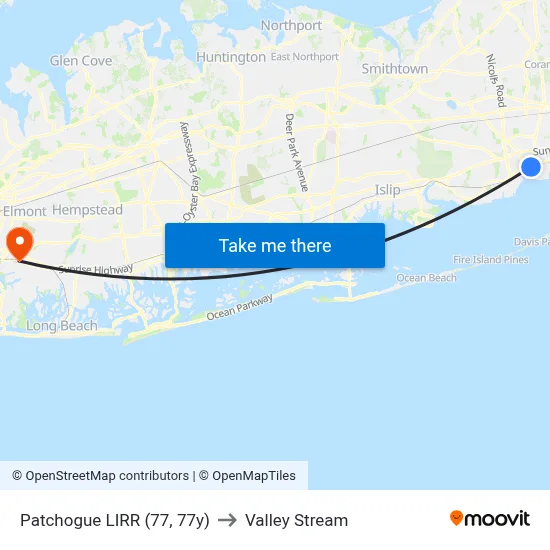 Patchogue LIRR (77, 77y) to Valley Stream map