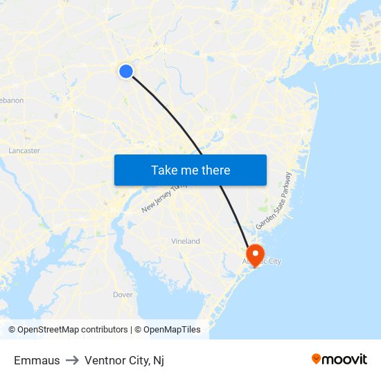 Emmaus to Ventnor City, Nj map