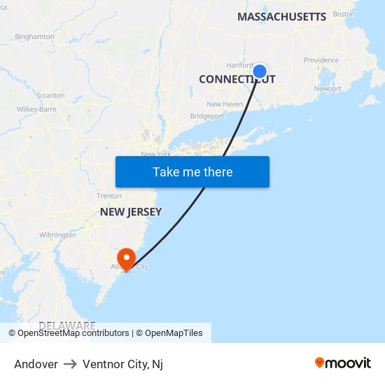 Andover to Ventnor City, Nj map