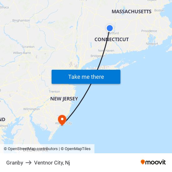 Granby to Ventnor City, Nj map