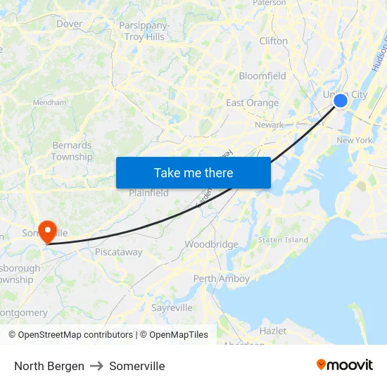 North Bergen to Somerville map