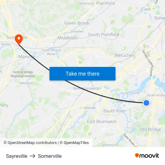 Sayreville to Somerville map