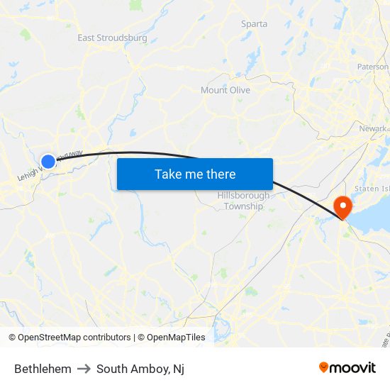 Bethlehem to South Amboy, Nj map