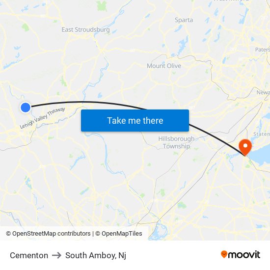 Cementon to South Amboy, Nj map